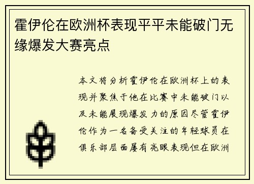 霍伊伦在欧洲杯表现平平未能破门无缘爆发大赛亮点